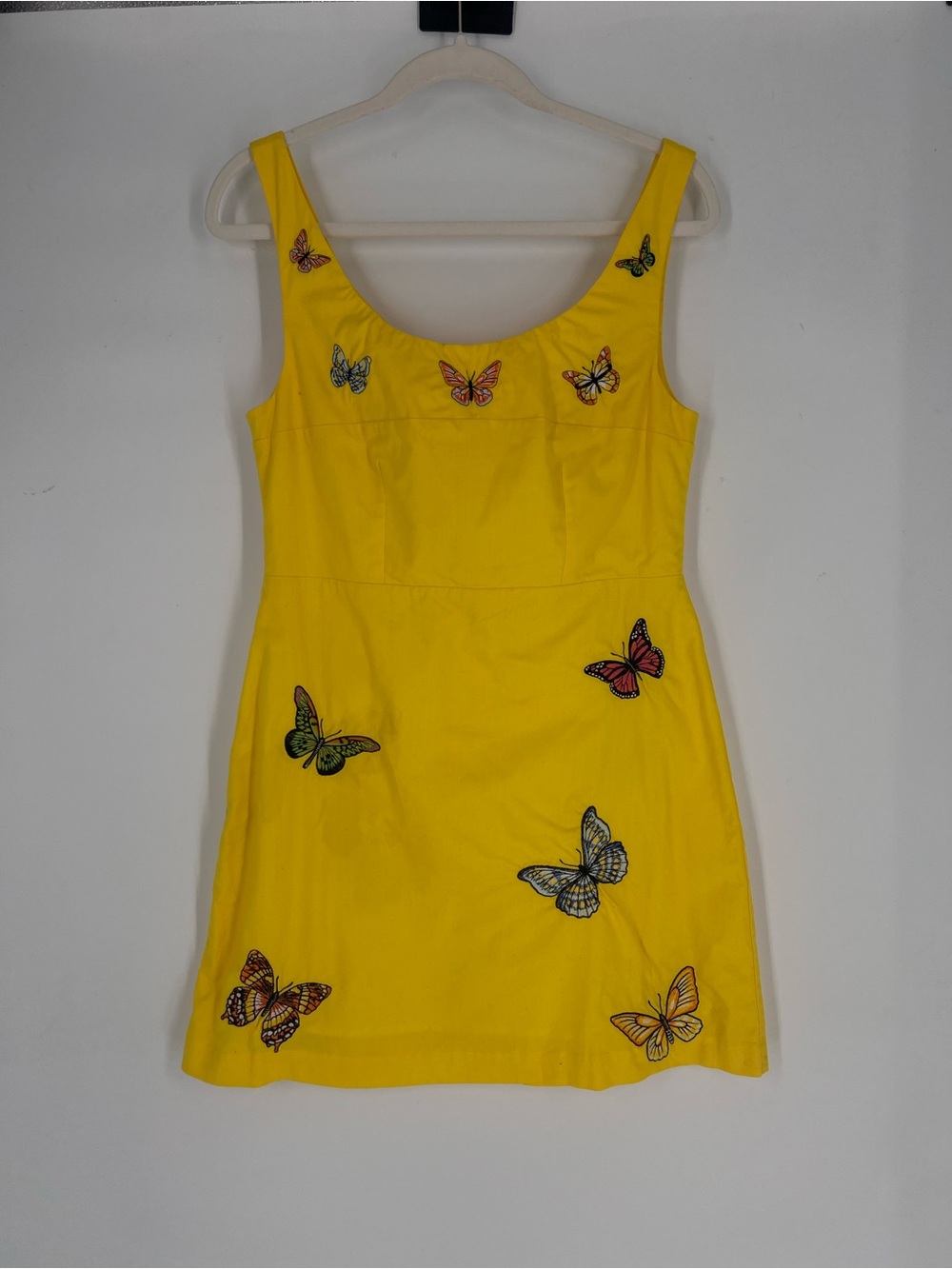 Fanm Mon Yellow Colorful Butterfly Embroidered Scoop Neck Mini Dress M